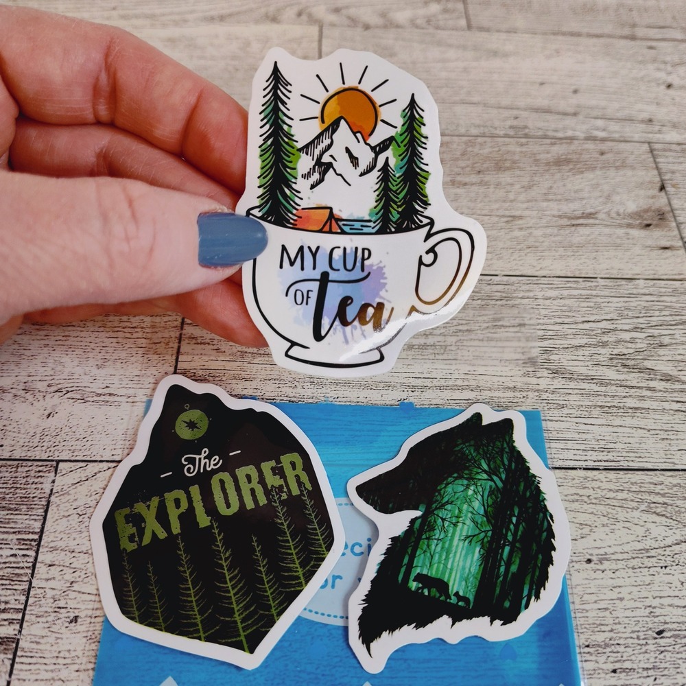 3pc Explorer Sticker Bundle - Wolf Silhouette & My Cup of Tea Mountain Decals - Picture 2 of 4